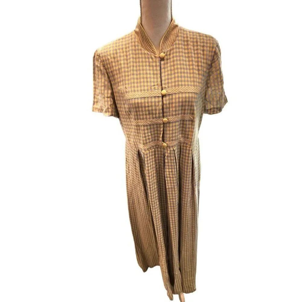 Vintage 80s Yellow Blue Checkered Maxi Dress M Prairie School Teacher Modest